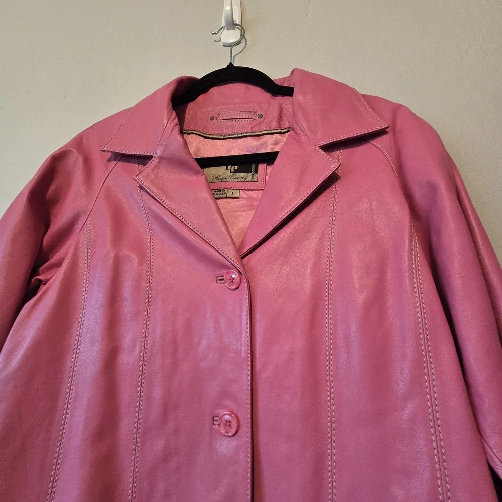 Vintage 90s Y2K Lucien Piccard Leather‎ Trench Coat Women's LG Rosey Pink Boho